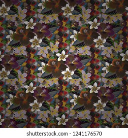 Trendy print with ditsy hibiscus flowers in white, purple and brown colors. Beautiful vector seamless pattern for decoration and design. Exquisite pattern with hibiscus flowers in vintage style.