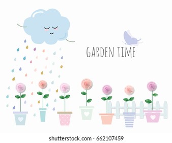 Trendy print with garden flowers in pots. Cute template with copy space for your text. For fashion print, birthday greeting card, wedding, notebook cover, scrapbook. Isolated on white. Girly.