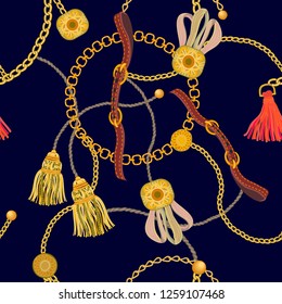 	
Trendy print with golden chains, belts and colorful brushes. Seamless vector pattern with jewelry elements. Women's fashon collection. On black background.