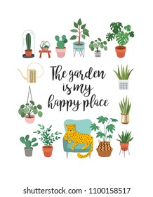 Trendy print with home decor with plants, planters, cacti and inspirational quote. Gardening concept design