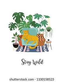 Trendy print with home decor with plants, planters, cacti and inspirational quote. Gardening concept