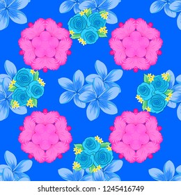 Trendy print in magenta, blue and pink colors. Watercolor seamless pattern with plumeria flowers. Exquisite pattern with plumeria flowers in vintage style. Beautiful pattern for decoration and design.