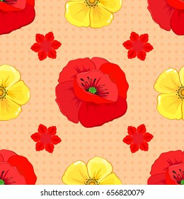 Trendy print on a beige background. Watercolor seamless pattern with poppy flowers. Beautiful pattern for decoration and design. Exquisite pattern with poppy flowers in vintage style.