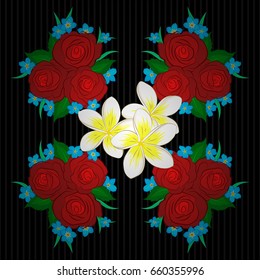 Trendy print on a black background. Beautiful pattern for decoration and design. Exquisite pattern with rose flowers and leaves in vintage style. Watercolor seamless pattern with rose and green leaves