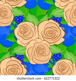 Trendy print on a blue background. Watercolor seamless pattern with rose flowers and leaves. Beautiful pattern for decoration and design. Exquisite pattern with rose and green leaves in vintage style.