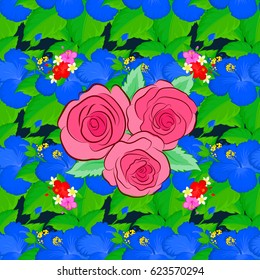 Trendy print on a blue background. Exquisite pattern with roses and leaves in vintage style. Watercolor seamless pattern with rose flowers and green leaves. Beautiful pattern for decoration and design