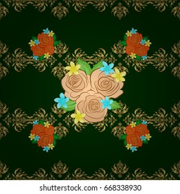 Trendy print on a green background. Exquisite pattern with rose flowers and leaves in vintage style. Watercolor seamless pattern with rose and green leaves. Beautiful pattern for decoration and design