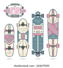 Trendy print on a longboard and skateboard. Soft colors