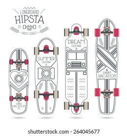 Trendy print on a longboard and skateboard. Black lines on a white board