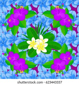 Trendy print on a purple background. Beautiful pattern for decoration and design. Exquisite pattern with plumeria flowers in vintage style. Watercolor seamless pattern with plumeria flowers.