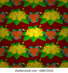 Trendy print on a red background. Beautiful pattern for decoration and design. Exquisite pattern with hibiscus flowers in vintage style. Watercolor seamless pattern with hibiscus flowers.