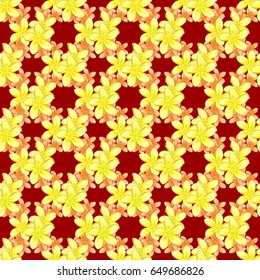 Trendy print on a red background. Exquisite pattern with plumeria flowers in vintage style. Watercolor seamless pattern with plumeria flowers. Beautiful pattern for decoration and design.
