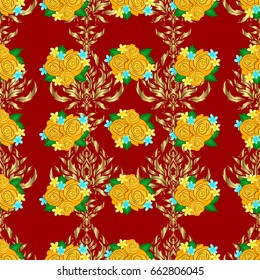 Trendy print on a red background. Exquisite pattern with rose flowers and leaves in vintage style. Seamless pattern with rose and green leaves. Beautiful pattern for decoration and design.