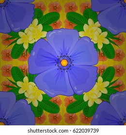 Trendy print on a yellow background. Watercolor seamless pattern with cosmos flowers. Beautiful pattern for decoration and design. Exquisite pattern with cosmos flowers in vintage style.