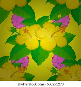Trendy print on a yellow background. Watercolor seamless pattern with hibiscus flowers. Beautiful pattern for decoration and design. Exquisite pattern with hibiscus flowers in vintage style.