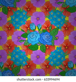 Trendy print on a yellow background. Beautiful pattern for decoration and design. Exquisite pattern with roses and leaves in vintage style. Watercolor seamless pattern with rose and green leaves.