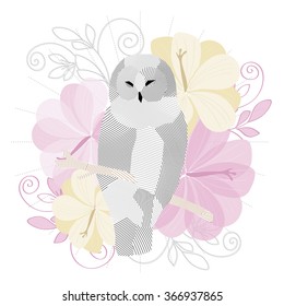 trendy print with owl and flowers for shirts in the style of low poly