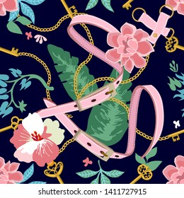 Trendy print with pink leather belts, golden chains and tropical flowers and leaves. Vintage textile collection. On dark background.