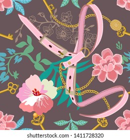 Trendy print with pink leather belts, golden chains and tropical flowers and leaves. Vintage textile collection. On brown background.