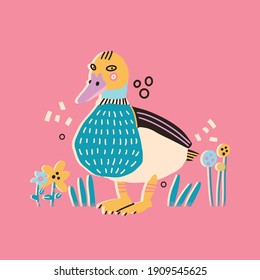 Trendy print, postcard with a hand drawn duck. Vector illustration
