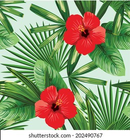 Trendy print summer exotic jungle plant tropical palm banana leaf, hibiscus, branch. Pattern, seamless floral vector on green background. Nature flower summer wallpaper.