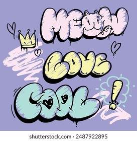 Trendy print with Urban street art Style Hip hop. Text Meow, love, Cool in Graffiti style. Vector lettering for t shirt design. Typography Background purple, yellow, blue colors