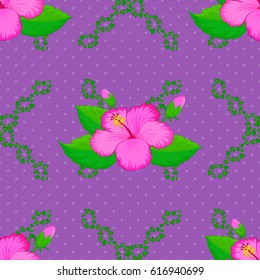 Trendy print with watercolor ditsy hibiscus flowers on a violet background. Beautiful vector seamless pattern for decoration and design. Exquisite pattern with hibiscus flowers in vintage style.