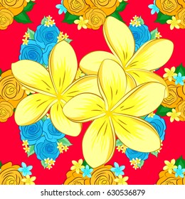Trendy print with watercolor ditsy plumeria flowers on a red background. Beautiful vector seamless pattern for decoration and design. Exquisite pattern with plumeria flowers in vintage style.