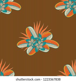 Trendy print with watercolor plumeria flowers in brown, orange and beige colors. Beautiful vector seamless pattern for decoration and design. Exquisite pattern with plumeria flowers in vintage style.