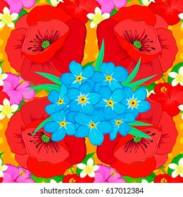 Trendy print. Watercolor seamless pattern with poppy flowers on a orange background. Exquisite pattern of watercolor poppy flowers. Vintage style. Beautiful vector pattern for decoration and design.