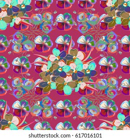 Trendy print. Watercolor seamless pattern with ditsy cosmos flowers on a pink background. Beautiful vector pattern for decoration and design. Exquisite pattern with abstract multicolor cosmos flowers.