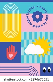 Trendy print Y2k. Checker board print. Retro elements. Flat design. Bright colors and funky typography. Contrasting colors, zine aesthetic. Vectored shapes, retro vibes. Hand, eye and smile.