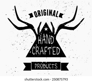 Trendy product label design in black and white. Triangle shape and antlers silhouette with hand lettered style text.