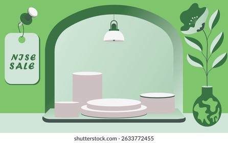 Trendy product podium scene with leafy elements for label ads presentations, creative layout with a natural for eye-grabbing social and print campaigns