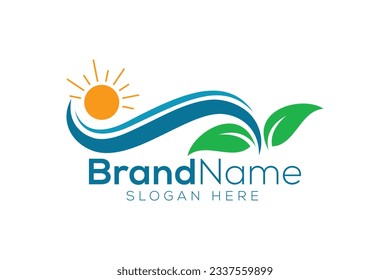 Plantilla de diseño vectorial de diseño de logotipo de ondas y hojas profesionales de moda