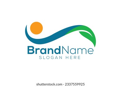 Plantilla de diseño vectorial de diseño de logotipo de ondas y hojas profesionales de moda