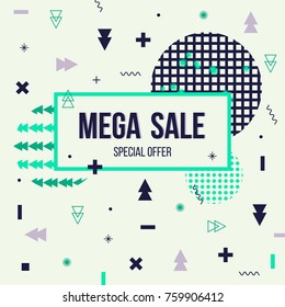 Trendy promo banner for mega sale. Memphis trendy design template. Special offer and sale design