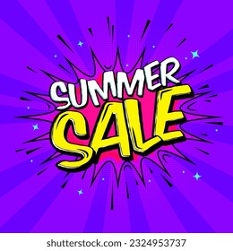 Vente d'été d'affiches de promotion tendance. Arrière-plan coloré dans un style comique pop-art rétro. Modèle de vente d'été Concevoir des couleurs jaunes violettes magenta, Vendre une bannière pour Social Media Post.