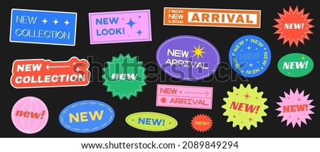Trendy Promotion Stickers Set. Cool New Arrival, Lool, Collection Badges Vector Design.
