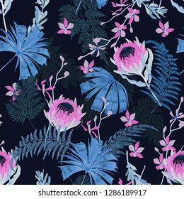 Trendy protea Floral pattern in the many kind of flowers. Tropical botanical Seamless vector texture. Printing with in hand drawn style on navy blue background