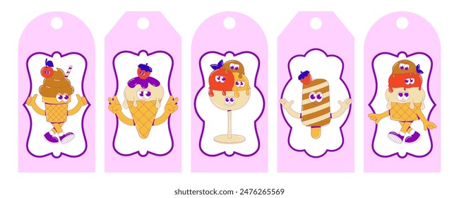 Trendy psychedelic label, tag set. Funky characters ice cream with cute faces and emotions. Sweet dessert mascot in groovy style. Vector illustration 