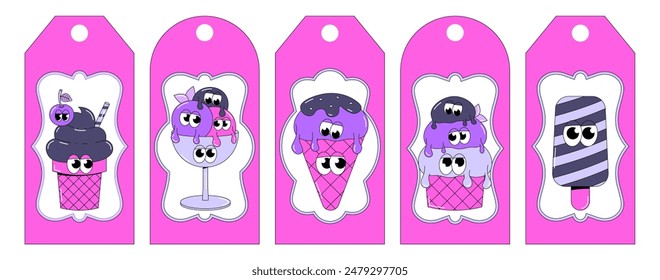 Trendy psychedelic label, tag set. Funky ice cream mascot with cute faces, feets and hands. Funny character dessert in groovy style. Vector surrealism illustration