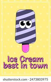 Trendy psychedelic poster ice cream. Striped ice cream on stick with funky face. Cute character dessert mascot in groovy style. Vector illustration for menu, cafe
