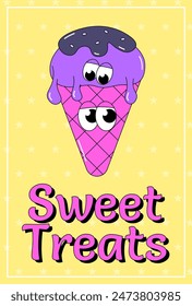 Trendy psychedelic poster ice cream. A scoop of ice cream with chocolate in waffle cone with funky faces. Cute character dessert mascot in groovy style. Vector illustration for menu, cafe