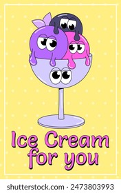 Póster psicodélico de moda helado. Tres bolas de colores en un tazón con caras funky. Mascota de postre de carácter lindo en estilo groovy. Ilustración vectorial de menú, café