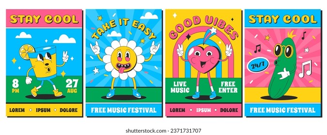 Trendy psychedelic posters with funny characters. Modern flyers or card design template with groovy daisy, heart and cocktail glass. Cartoon invitations for live music party, concert in bright colors.