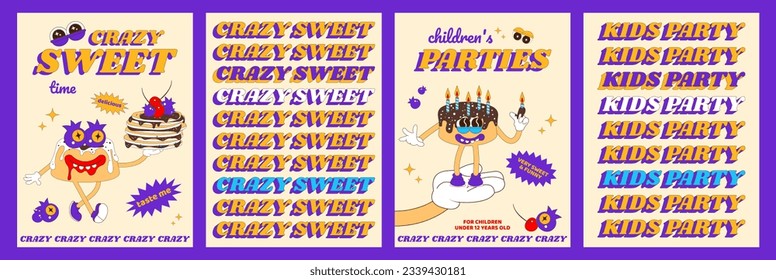 Trendy psychedelic posters with funny sweets characters. Cheerful pancake cake mascot, berries with eyes and holiday candles. Children's party. Poster design for coffee shop, bakery, menu. Vector.