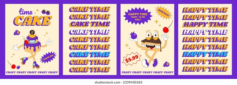 Trendy psychedelic posters with funny sweets characters. Cheerful cake mascot, piece of cake. Poster design for coffee shop, bakery, menu. Vector illustration in cartoon style.