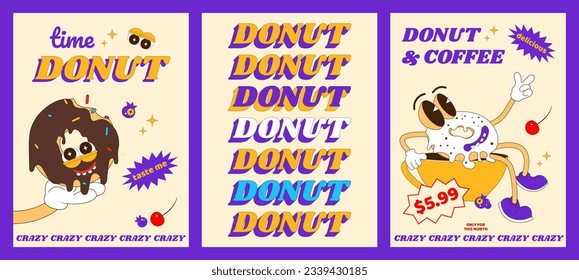 Trendy psychedelic posters with funny sweets characters. Cheerful donut mascot. Poster design for coffee shop, bakery, menu. Vector illustration in cartoon style.