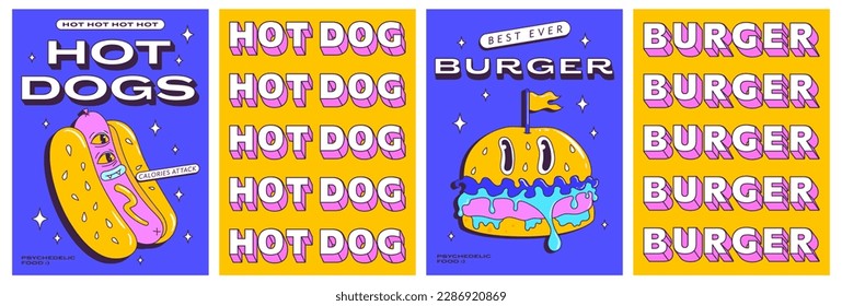 Afiches psicodélicos de moda con graciosos personajes de comida rápida. Perro caliente Trippy y hamburguesa moderna loca. Diseño de afiches en el lado delantero y en el trasero. Ilustración vectorial.